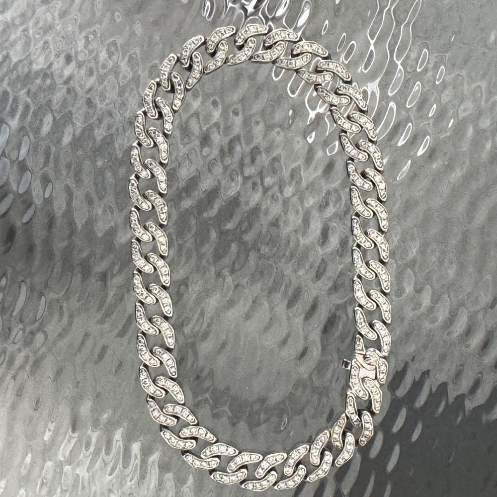 14k white gold Cuban link natural mined Pave Diamond tennis bracelet
